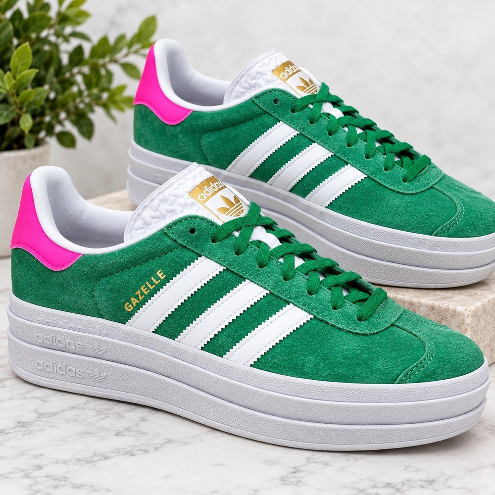 Adidas Gazelle Bold Sneakers Green Suede Pink Accent Platform Retro Size 8
